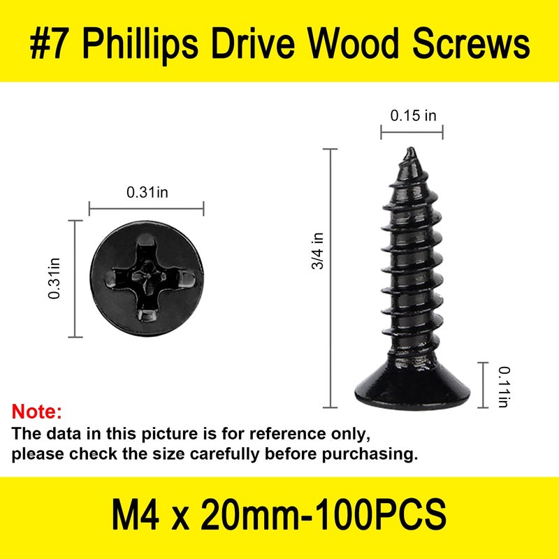 LERNOU 100 Pcs #7 X 3/4'' Small Screws,Drywall Screws, Phillips Flat Head Long Screw,Black Screws for Wood,Used in Furniture,Woodworking Repairs and DIYProjects（M4 X 20mm） - Image 2